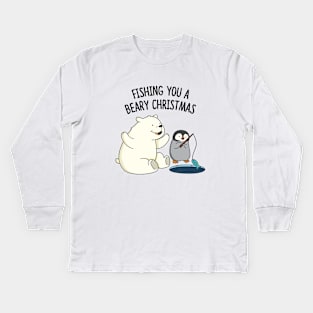 Fishing You A Beary Christmas Cute Polar Bear Pun Kids Long Sleeve T-Shirt